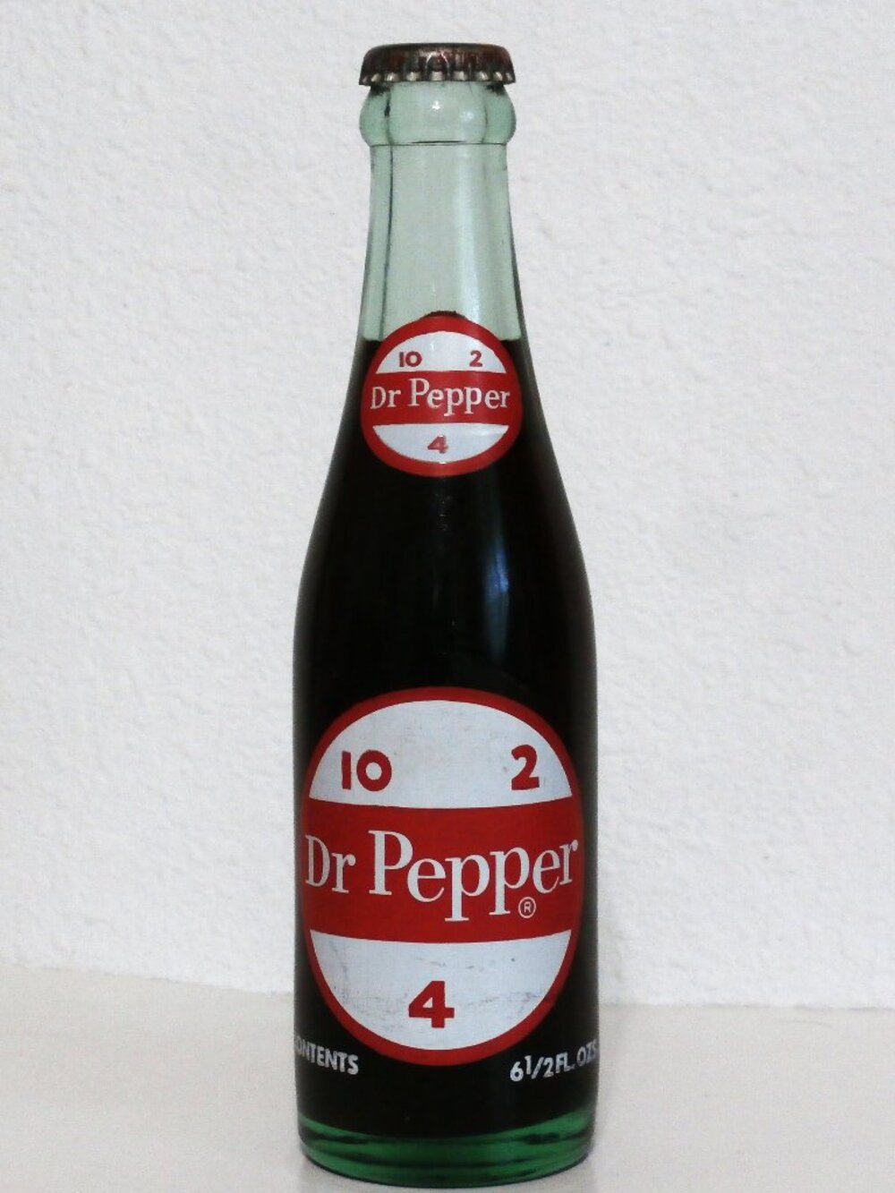 Vintage FULL 10 2 4 Dr Pepper 6 1/2 Oz Glass SODA Bottle, Red & White Paint